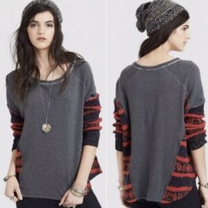 Free People Distressed Collar Gray Oversized Sweatshirt w/ Sweater Panels Sz Sm